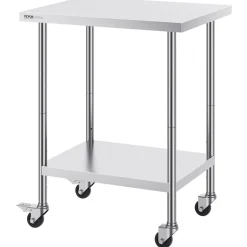 VEVOR Stainless Steel Work Table 24 x 30 x 38 Inch, with 4 Wheels, 3 Adjustable Height Levels, Heavy Duty Food Prep Worktable for Commercial Kitchen Restaurant, Silver