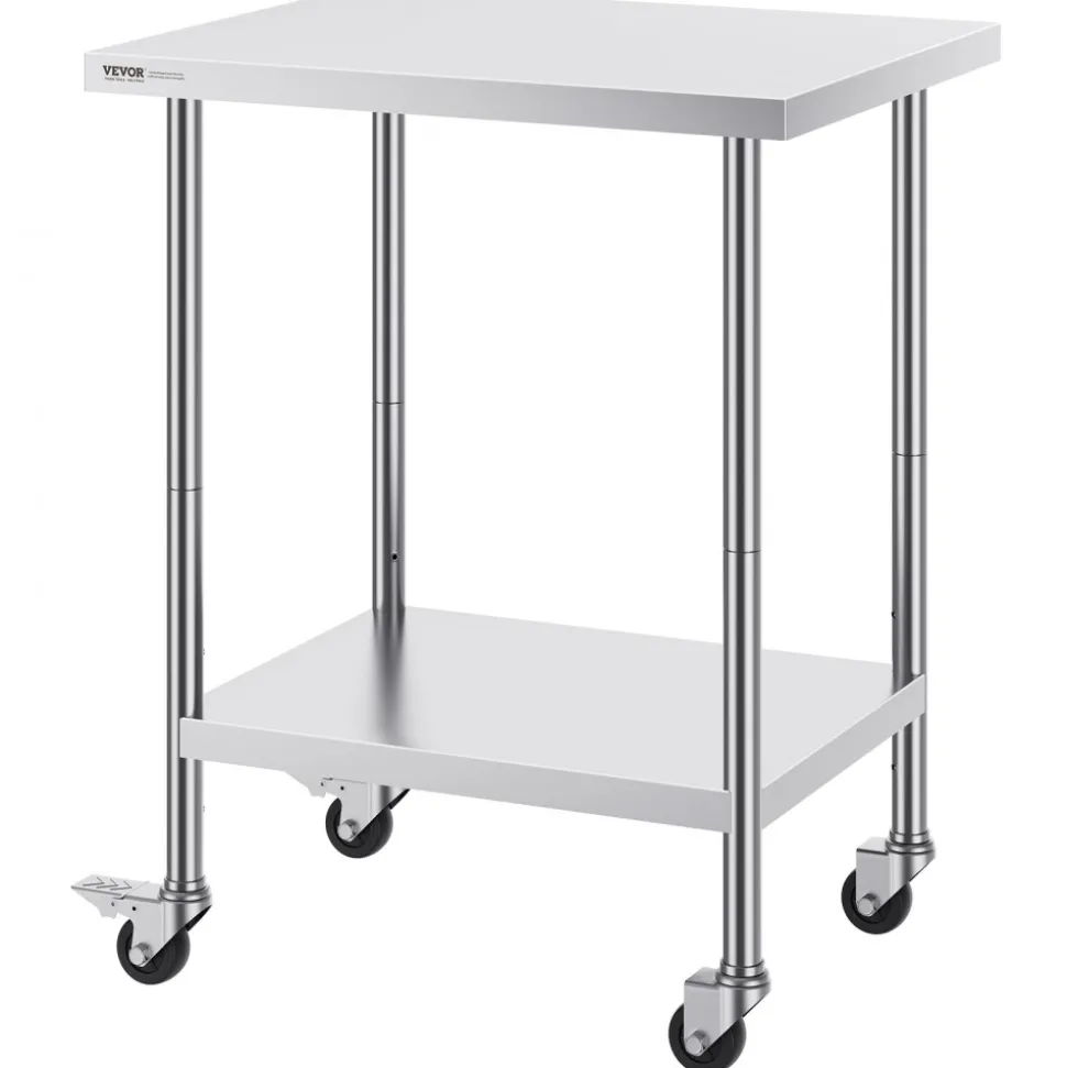 VEVOR Stainless Steel Work Table 24 x 30 x 38 Inch, with 4 Wheels, 3 Adjustable Height Levels, Heavy Duty Food Prep Worktable for Commercial Kitchen Restaurant, Silver