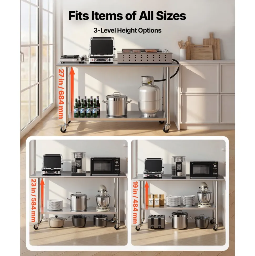 VEVOR Stainless Steel Work Table, 24x60 inch Food Prep Table with Wheels and Backsplash, Commercial Kitchen Workstation with Adjustable Undershelf, Metal Utility Worktable, for Restaurant Home Outdoor