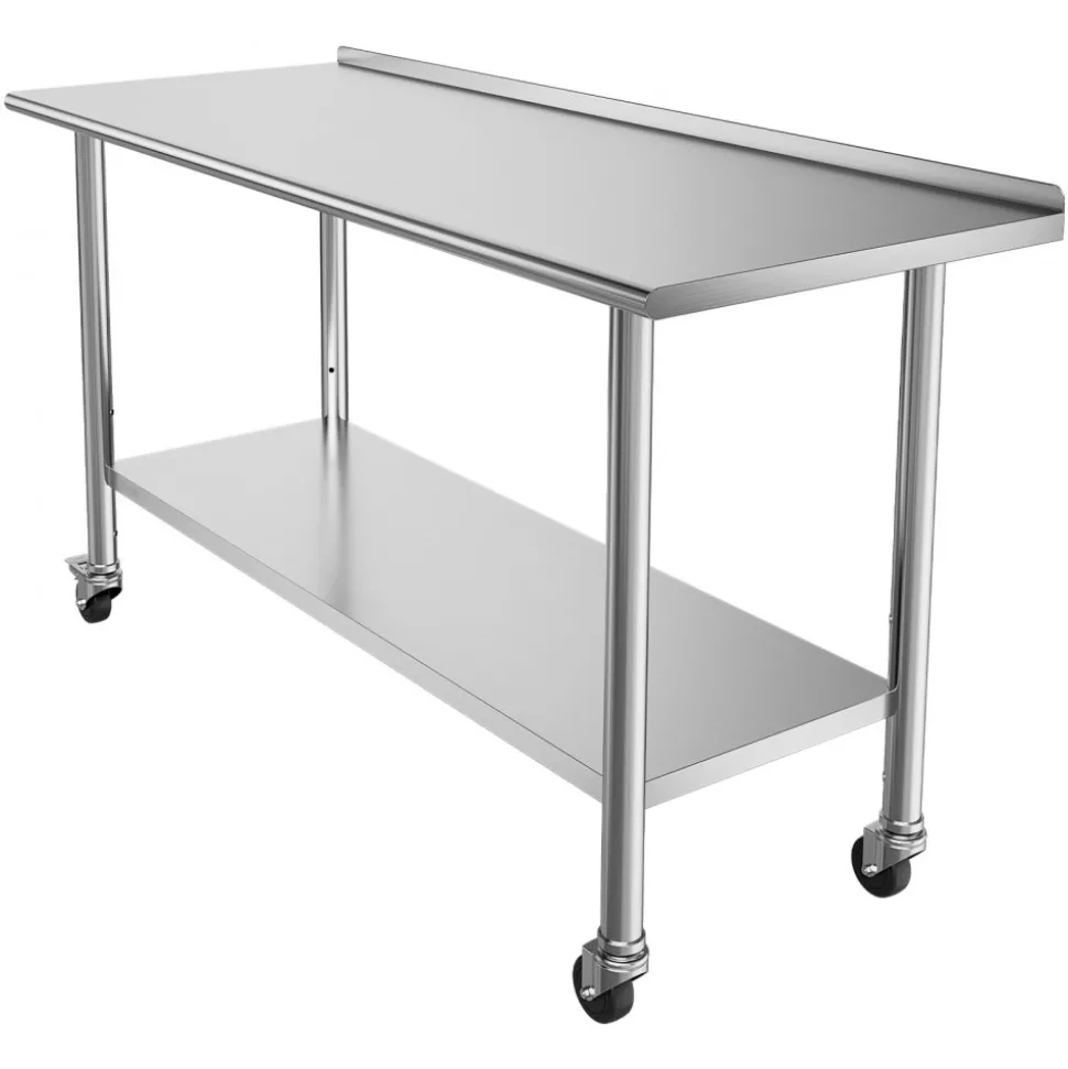 VEVOR Stainless Steel Work Table, 24x60 inch Food Prep Table with Wheels and Backsplash, Commercial Kitchen Workstation with Adjustable Undershelf, Metal Utility Worktable, for Restaurant Home Outdoor