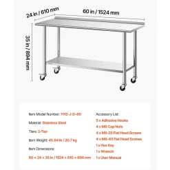 VEVOR Stainless Steel Work Table, 24x60 inch Food Prep Table with Wheels and Backsplash, Commercial Kitchen Workstation with Adjustable Undershelf, Metal Utility Worktable, for Restaurant Home Outdoor