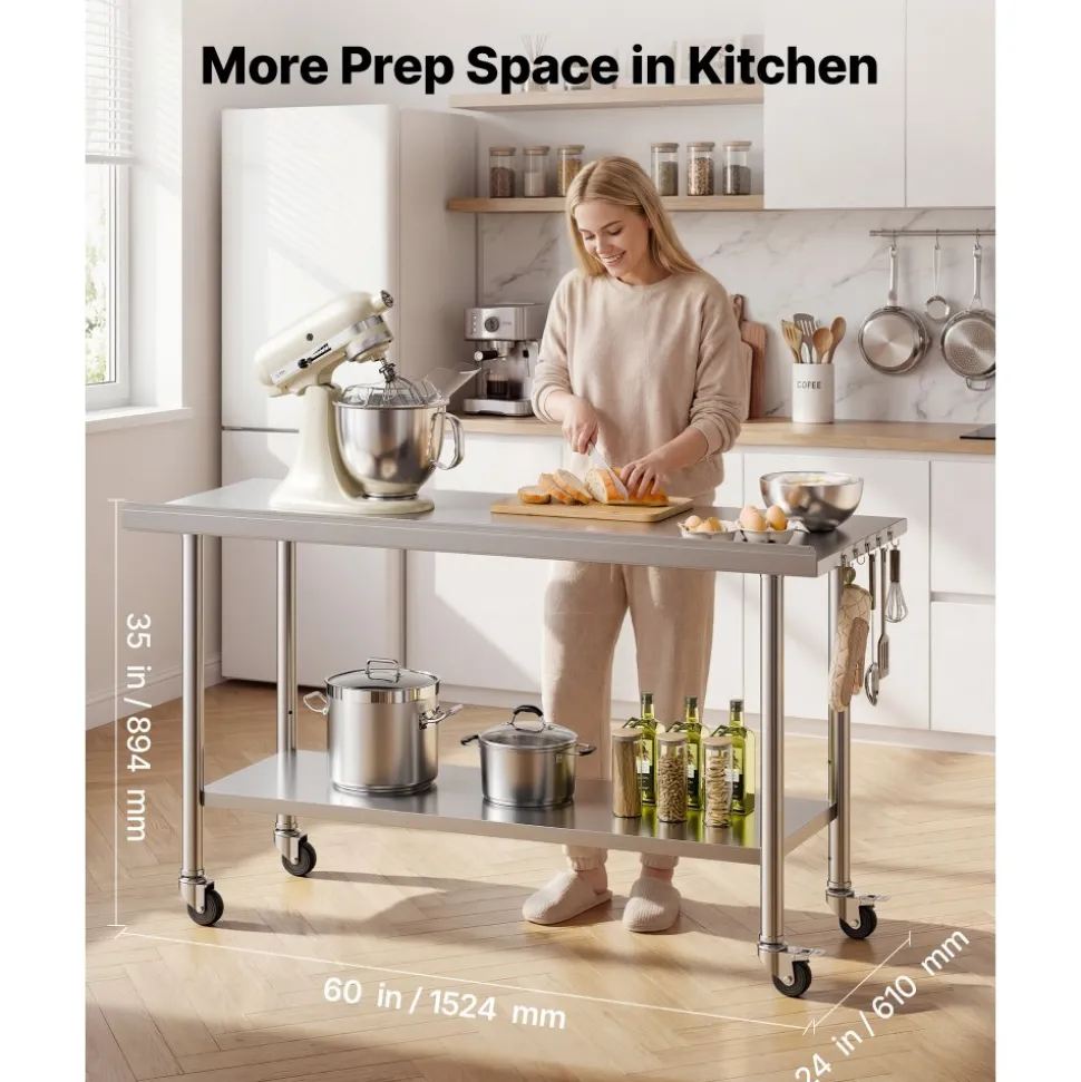 VEVOR Stainless Steel Work Table, 24x60 inch Food Prep Table with Wheels and Backsplash, Commercial Kitchen Workstation with Adjustable Undershelf, Metal Utility Worktable, for Restaurant Home Outdoor