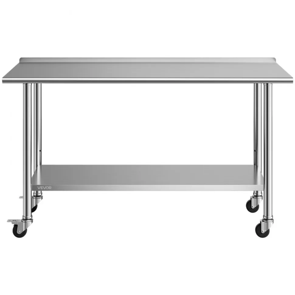 VEVOR Stainless Steel Work Table, 24x60 inch Food Prep Table with Wheels and Backsplash, Commercial Kitchen Workstation with Adjustable Undershelf, Metal Utility Worktable, for Restaurant Home Outdoor