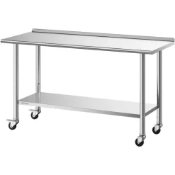 VEVOR Stainless Steel Work Table, 24x60 inch Food Prep Table with Wheels and Backsplash, Commercial Kitchen Workstation with Adjustable Undershelf, Metal Utility Worktable, for Restaurant Home Outdoor