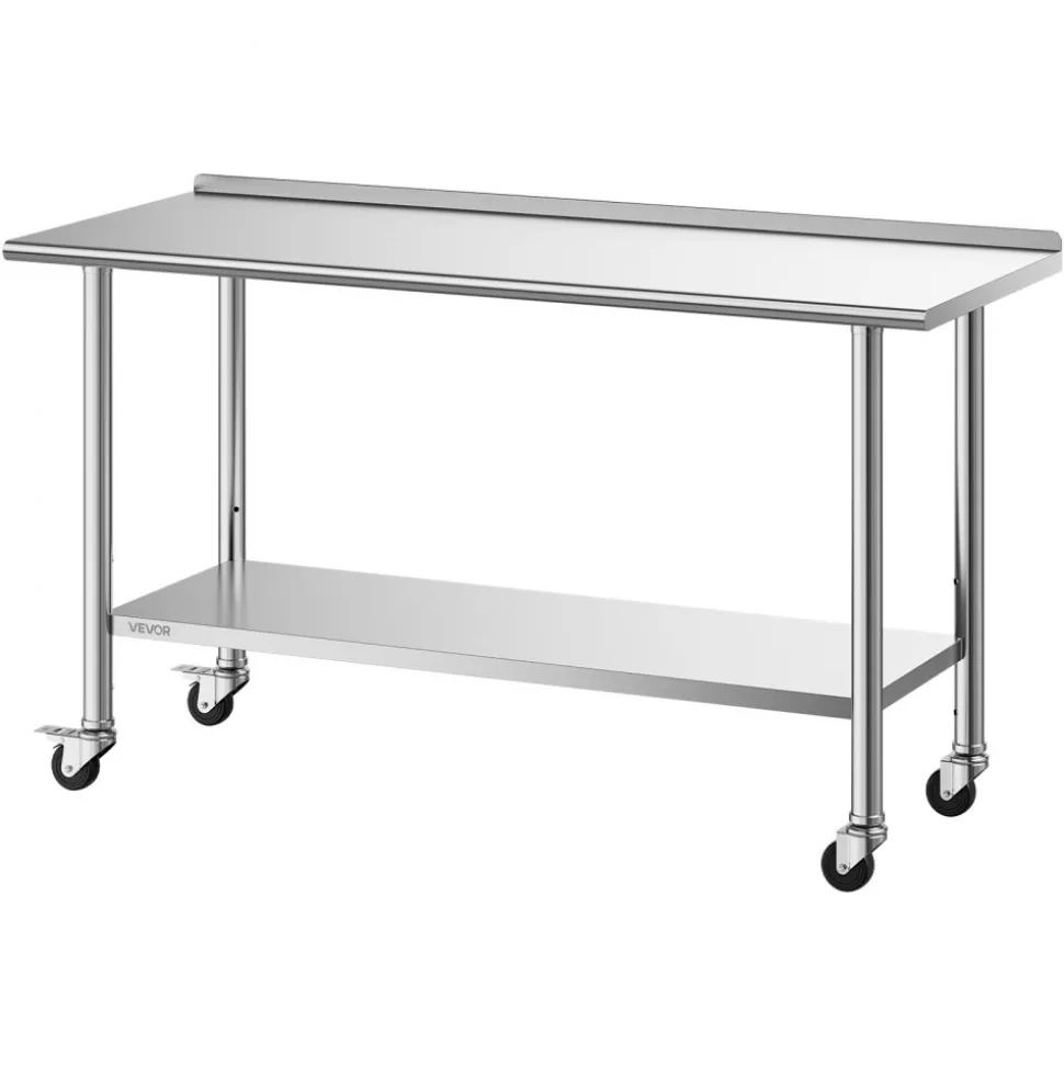 VEVOR Stainless Steel Work Table, 24x60 inch Food Prep Table with Wheels and Backsplash, Commercial Kitchen Workstation with Adjustable Undershelf, Metal Utility Worktable, for Restaurant Home Outdoor
