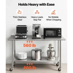 VEVOR Stainless Steel Work Table, 24x60 inch Food Prep Table with Wheels and Backsplash, Commercial Kitchen Workstation with Adjustable Undershelf, Metal Utility Worktable, for Restaurant Home Outdoor