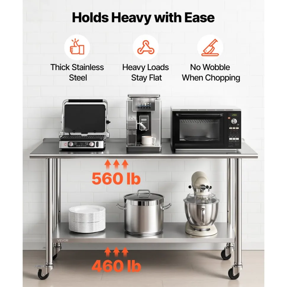 VEVOR Stainless Steel Work Table, 24x60 inch Food Prep Table with Wheels and Backsplash, Commercial Kitchen Workstation with Adjustable Undershelf, Metal Utility Worktable, for Restaurant Home Outdoor