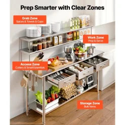 VEVOR Stainless Steel Work Table, 24x72 Inch Food Prep Table with Overshelves and 3 Drawers, Commercial Kitchen Workstation with Adjustable Undershelf, Metal Utility Worktable, for Restaurant Garage