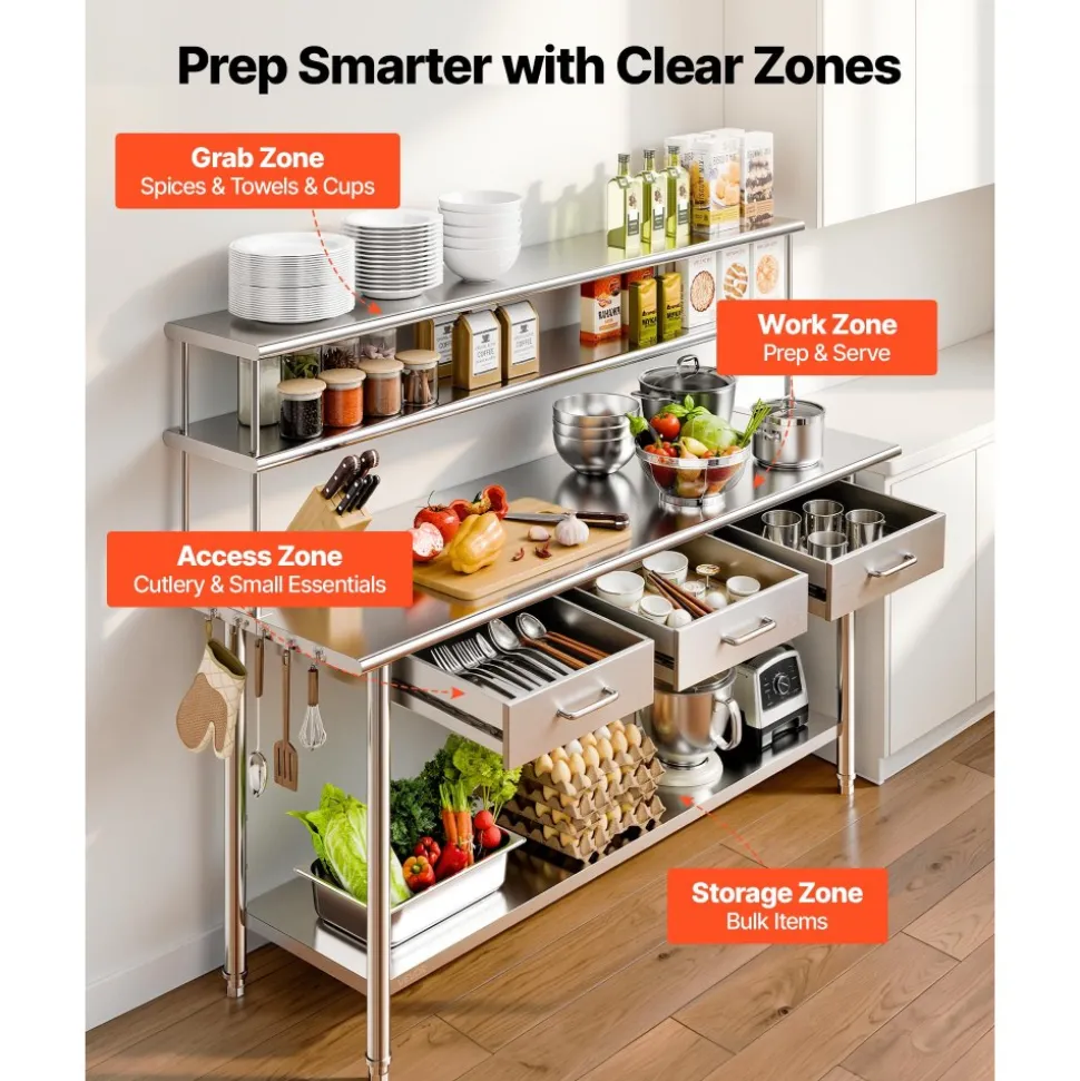 VEVOR Stainless Steel Work Table, 24x72 Inch Food Prep Table with Overshelves and 3 Drawers, Commercial Kitchen Workstation with Adjustable Undershelf, Metal Utility Worktable, for Restaurant Garage