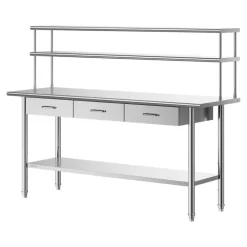 VEVOR Stainless Steel Work Table, 24x72 Inch Food Prep Table with Overshelves and 3 Drawers, Commercial Kitchen Workstation with Adjustable Undershelf, Metal Utility Worktable, for Restaurant Garage