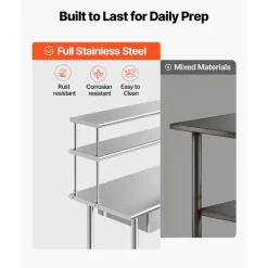 VEVOR Stainless Steel Work Table, 24x72 Inch Food Prep Table with Overshelves and 3 Drawers, Commercial Kitchen Workstation with Adjustable Undershelf, Metal Utility Worktable, for Restaurant Garage