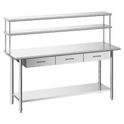 VEVOR Stainless Steel Work Table, 24x72 Inch Food Prep Table with Overshelves and 3 Drawers, Commercial Kitchen Workstation with Adjustable Undershelf, Metal Utility Worktable, for Restaurant Garage