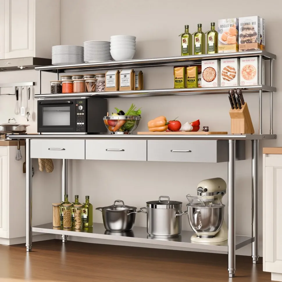 VEVOR Stainless Steel Work Table, 24x72 Inch Food Prep Table with Overshelves and 3 Drawers, Commercial Kitchen Workstation with Adjustable Undershelf, Metal Utility Worktable, for Restaurant Garage