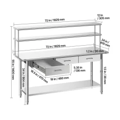 VEVOR Stainless Steel Work Table, 24x72 Inch Food Prep Table with Overshelves and 3 Drawers, Commercial Kitchen Workstation with Adjustable Undershelf, Metal Utility Worktable, for Restaurant Garage
