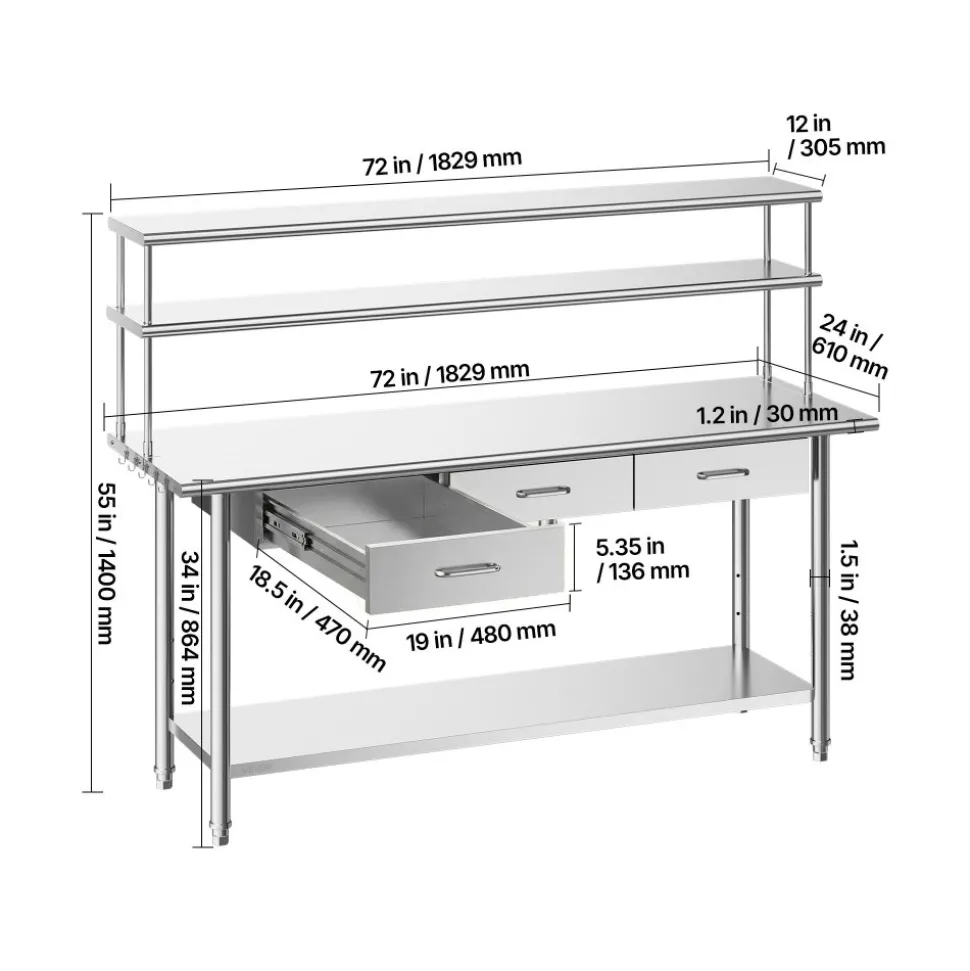 VEVOR Stainless Steel Work Table, 24x72 Inch Food Prep Table with Overshelves and 3 Drawers, Commercial Kitchen Workstation with Adjustable Undershelf, Metal Utility Worktable, for Restaurant Garage