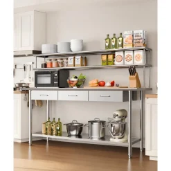 VEVOR Stainless Steel Work Table, 24x72 Inch Food Prep Table with Overshelves and 3 Drawers, Commercial Kitchen Workstation with Adjustable Undershelf, Metal Utility Worktable, for Restaurant Garage
