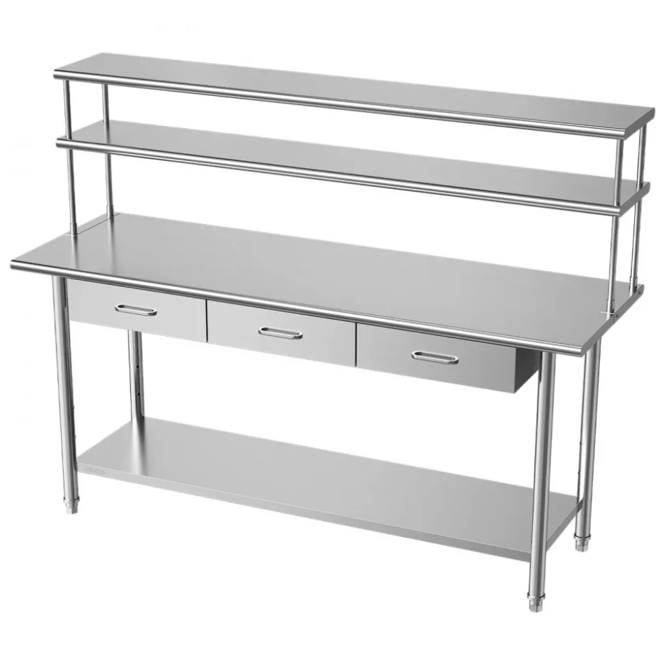 VEVOR Stainless Steel Work Table, 24x72 Inch Food Prep Table with Overshelves and 3 Drawers, Commercial Kitchen Workstation with Adjustable Undershelf, Metal Utility Worktable, for Restaurant Garage