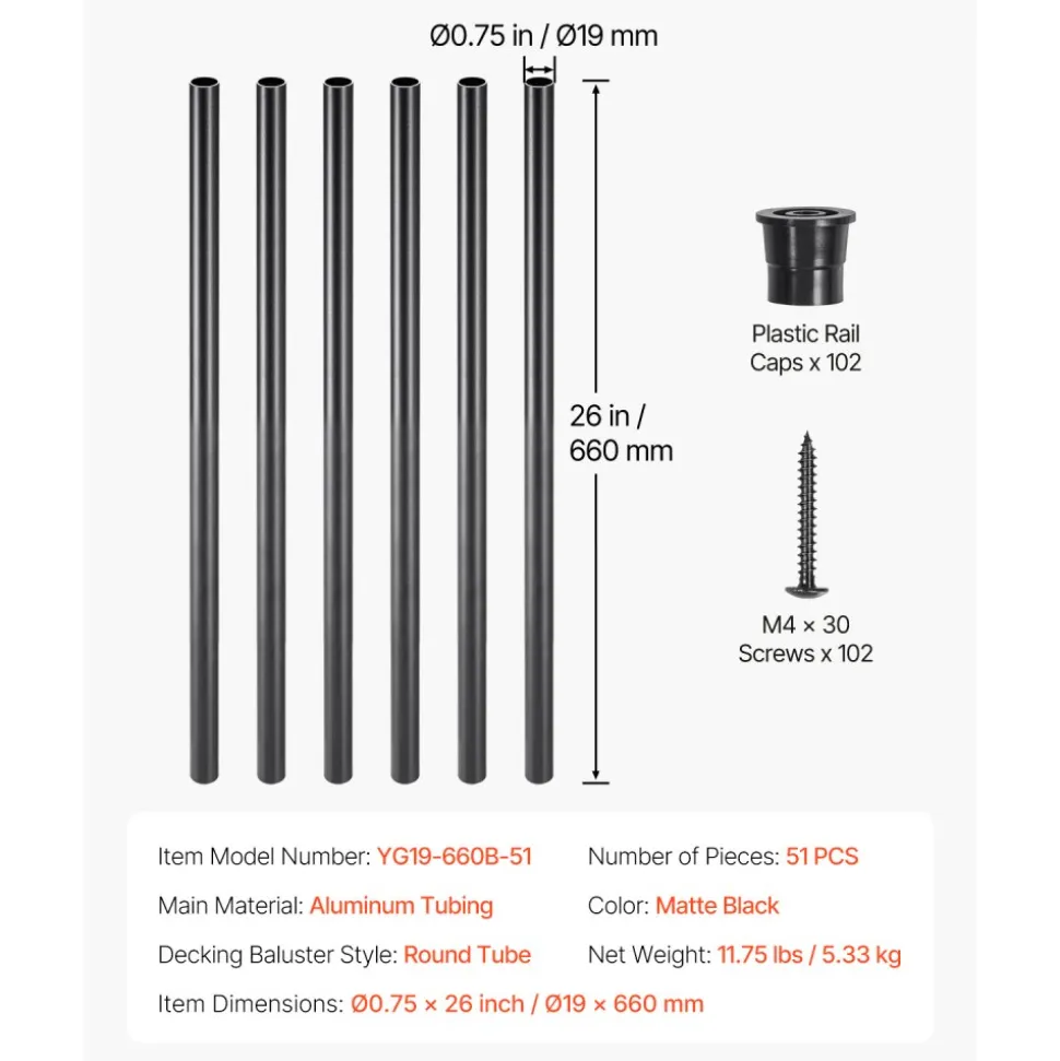 VEVOR Staircase Balusters 51 Pack, 26 In Aluminum Stair Balusters, 3/4 In Water-Proof Round Metal Spindle Railing, Hollow Deck Railing with Rail Caps & Screws for Stairs, Porch, Patio, Fence, Black