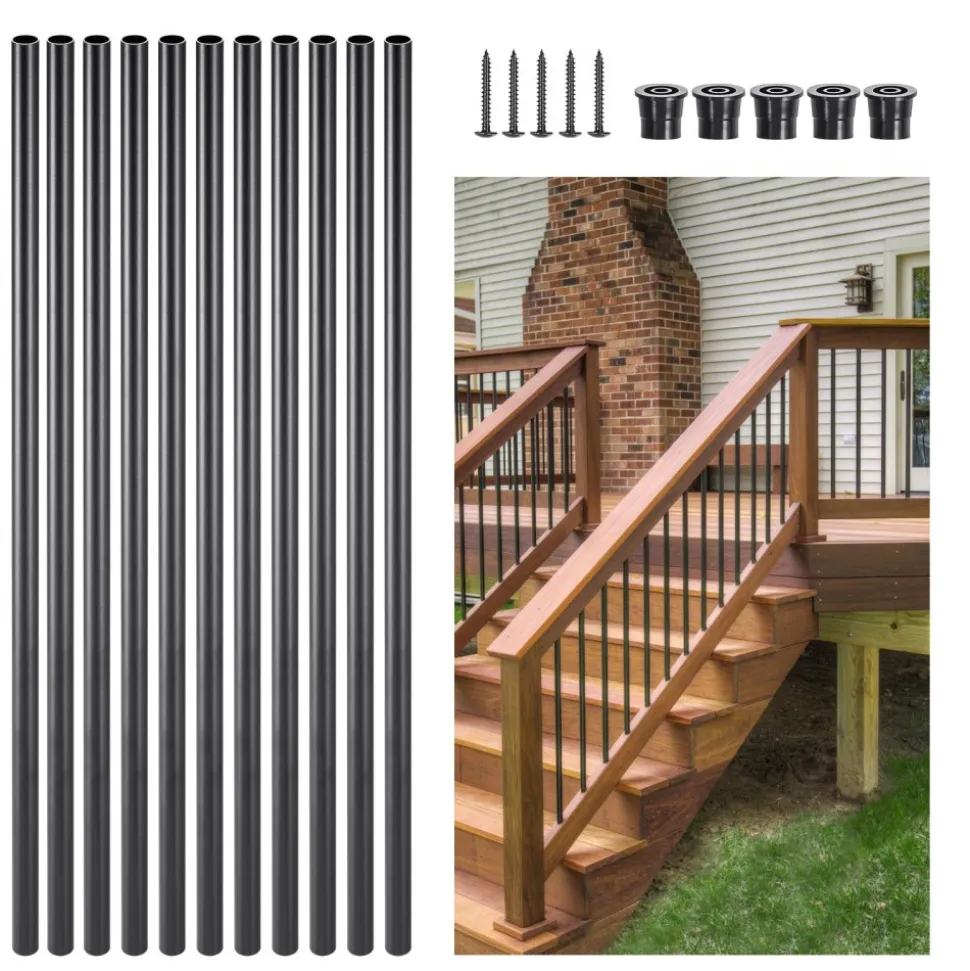 VEVOR Staircase Balusters 51 Pack, 26 In Aluminum Stair Balusters, 3/4 In Water-Proof Round Metal Spindle Railing, Hollow Deck Railing with Rail Caps & Screws for Stairs, Porch, Patio, Fence, Black