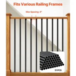 VEVOR Staircase Balusters 51 Pack, 26 In Aluminum Stair Balusters, 3/4 In Water-Proof Round Metal Spindle Railing, Hollow Deck Railing with Rail Caps & Screws for Stairs, Porch, Patio, Fence, Black