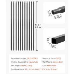 VEVOR Staircase Balusters 11 Pack, 44 Inch Durable Carbon Steel Stair Balusters, 0.5 Inch Indoor Square Metal Spindle Railing, Corrosion-Proof Hollow Deck Railing with Pre-Drilled Holes, Matte Black
