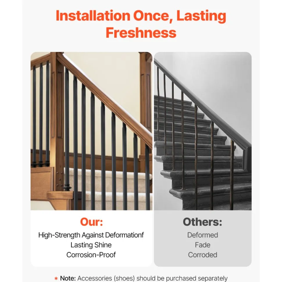 VEVOR Staircase Balusters 11 Pack, 44 Inch Durable Carbon Steel Stair Balusters, 0.5 Inch Indoor Square Metal Spindle Railing, Corrosion-Proof Hollow Deck Railing with Pre-Drilled Holes, Matte Black
