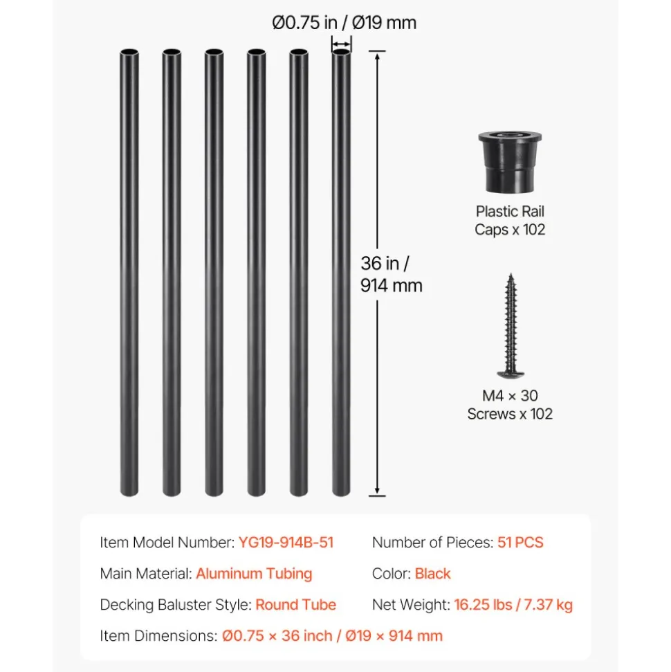 VEVOR Staircase Balusters 51 Pack, 36 In Aluminum Stair Balusters, 3/4 In Water-Proof Round Metal Spindle Railing, Hollow Deck Railing with Rail Caps & Screws for Stairs, Porch, Patio, Fence, Black