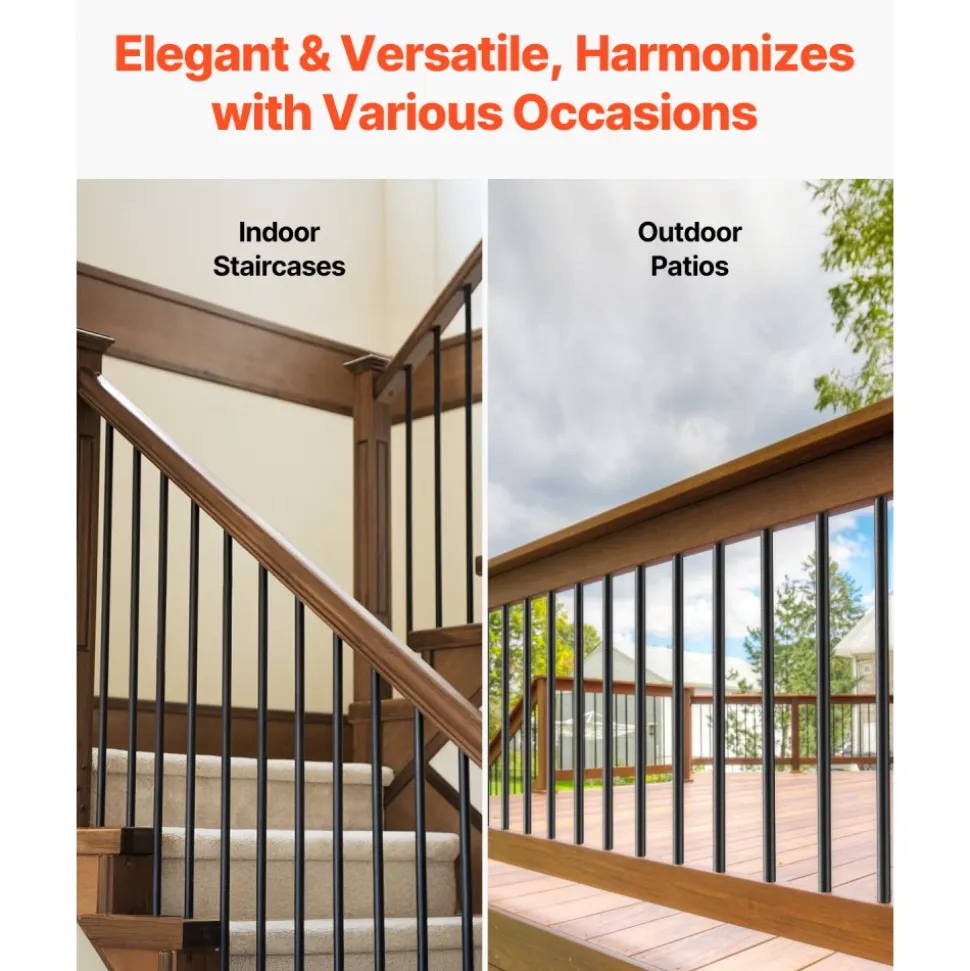 VEVOR Staircase Balusters 51 Pack, 36 In Aluminum Stair Balusters, 3/4 In Water-Proof Round Metal Spindle Railing, Hollow Deck Railing with Rail Caps & Screws for Stairs, Porch, Patio, Fence, Black