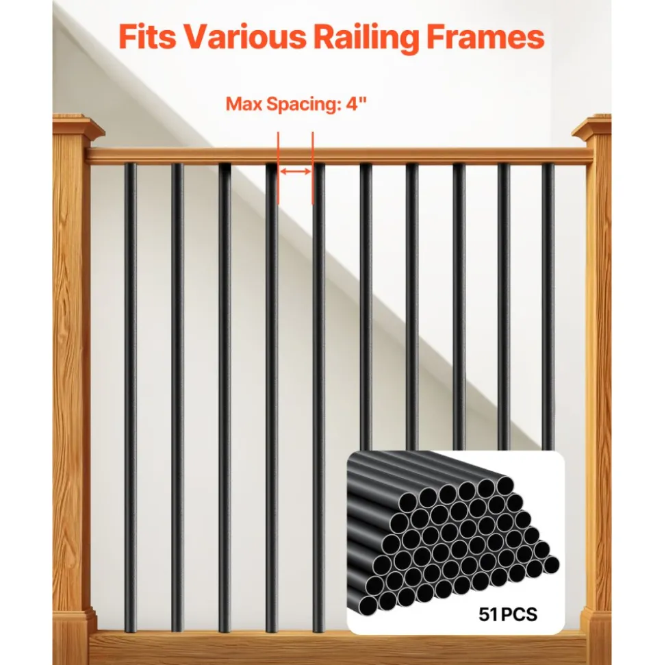 VEVOR Staircase Balusters 51 Pack, 36 In Aluminum Stair Balusters, 3/4 In Water-Proof Round Metal Spindle Railing, Hollow Deck Railing with Rail Caps & Screws for Stairs, Porch, Patio, Fence, Black
