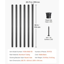 VEVOR Staircase Balusters 101 Pack, 36 In Aluminum Stair Balusters, 3/4 Inch Water-Proof Round Metal Spindle Railing, Hollow Deck Railing with Rail Caps & Screws for Stairs, Porch, Patio, Matte Black