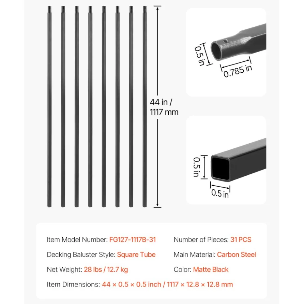 VEVOR Staircase Balusters 31 Pack, 44 Inch Durable Carbon Steel Stair Balusters, 0.5 Inch Indoor Square Metal Spindle Railing, Corrosion-Proof Hollow Deck Railing with Pre-Drilled Holes, Matte Black