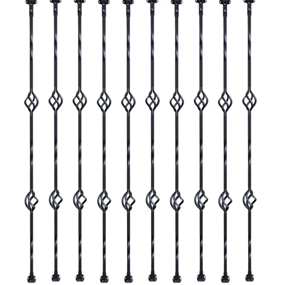 VEVOR Staircase Metal Balusters, 44'' x 1/2" Galvanized Steel Decorative Banister Spindles, 10 Pack Deck Baluster with Hollow Double Baskets, Spiral Stair Railing with Shoes & Screws