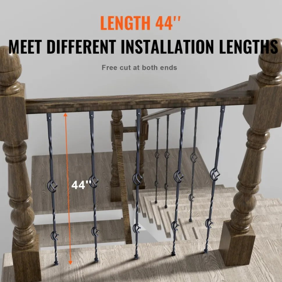 VEVOR Staircase Metal Balusters, 44'' x 1/2" Galvanized Steel Decorative Banister Spindles, 10 Pack Deck Baluster with Hollow Double Baskets, Spiral Stair Railing with Shoes & Screws
