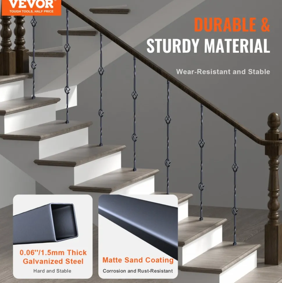 VEVOR Staircase Metal Balusters, 44'' x 1/2" Galvanized Steel Decorative Banister Spindles, 10 Pack Deck Baluster with Hollow Double Baskets, Spiral Stair Railing with Shoes & Screws