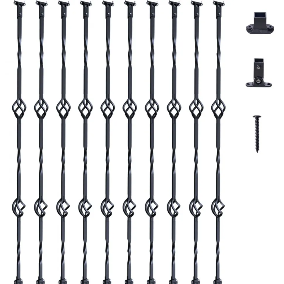 VEVOR Staircase Metal Balusters, 44'' x 1/2" Galvanized Steel Decorative Banister Spindles, 10 Pack Deck Baluster with Hollow Double Baskets, Spiral Stair Railing with Shoes & Screws