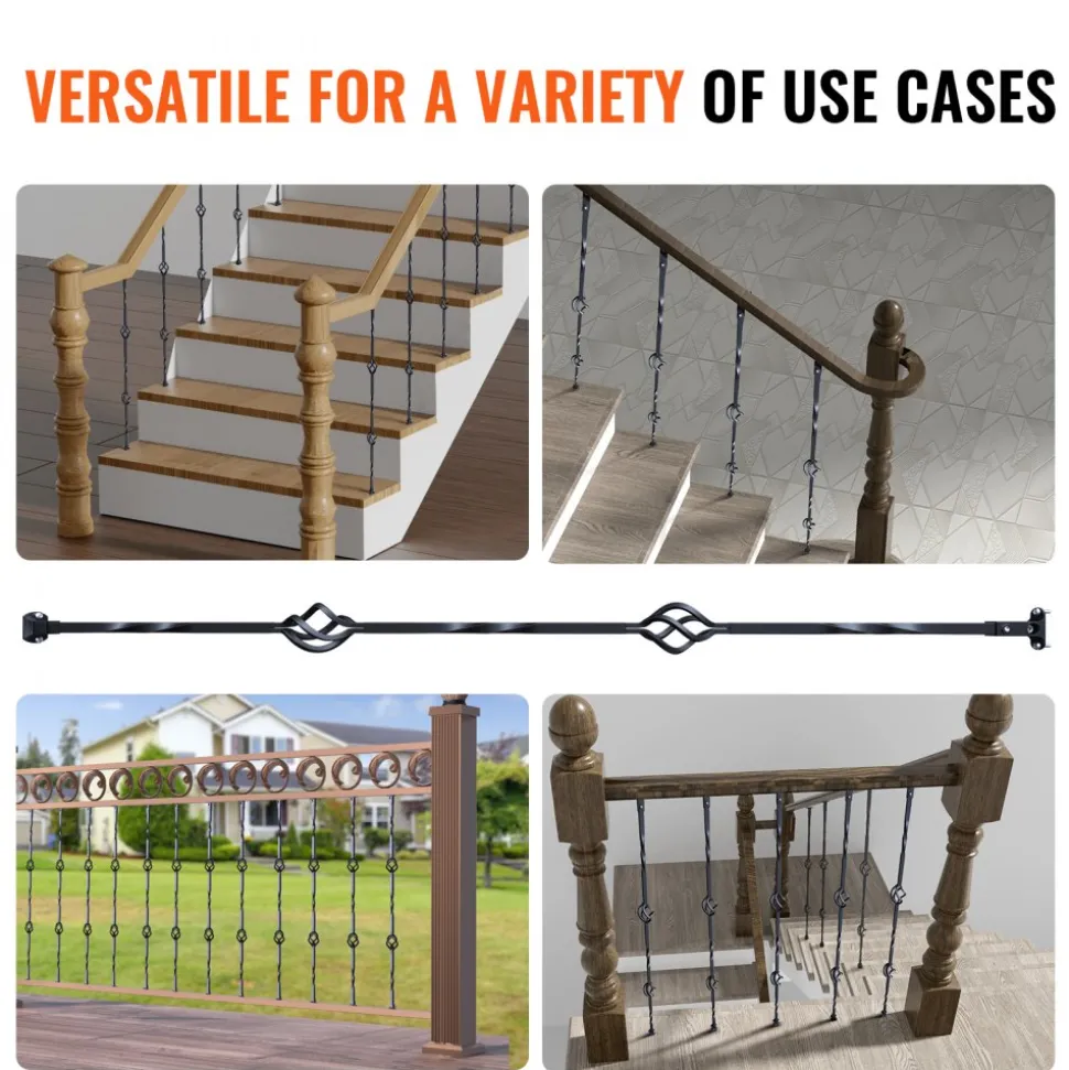 VEVOR Staircase Metal Balusters, 44'' x 1/2" Galvanized Steel Decorative Banister Spindles, 10 Pack Deck Baluster with Hollow Double Baskets, Spiral Stair Railing with Shoes & Screws