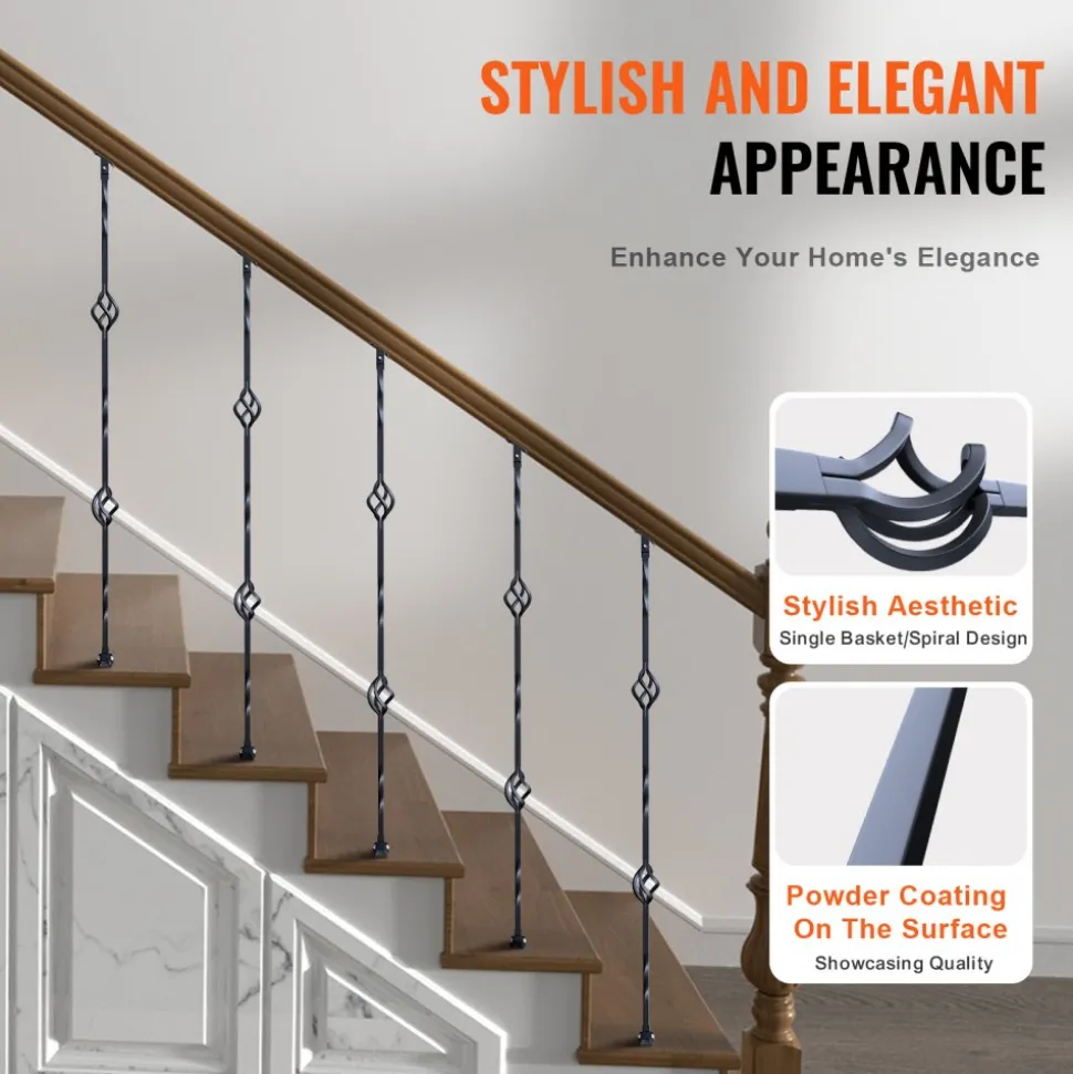 VEVOR Staircase Metal Balusters, 44'' x 1/2" Galvanized Steel Decorative Banister Spindles, 10 Pack Deck Baluster with Hollow Double Baskets, Spiral Stair Railing with Shoes & Screws