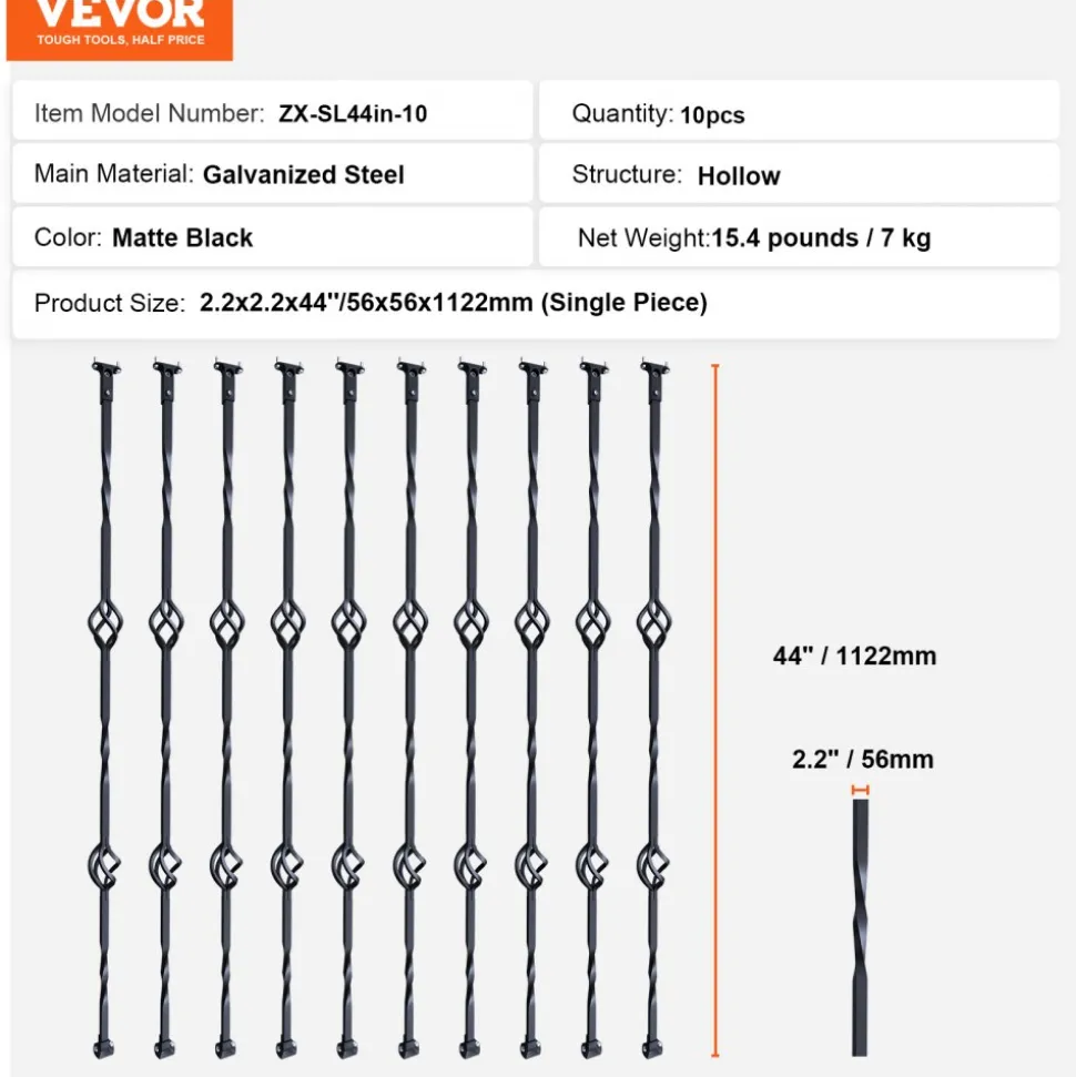 VEVOR Staircase Metal Balusters, 44'' x 1/2" Galvanized Steel Decorative Banister Spindles, 10 Pack Deck Baluster with Hollow Double Baskets, Spiral Stair Railing with Shoes & Screws