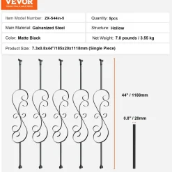 VEVOR Staircase Metal Balusters, 44'' x 1/2" Galvanized Steel Decorative Banister Spindles, 5 Pack S Shape Deck Baluster, Hollow Satin Black Spiral Stair Railing with Shoes & Screws