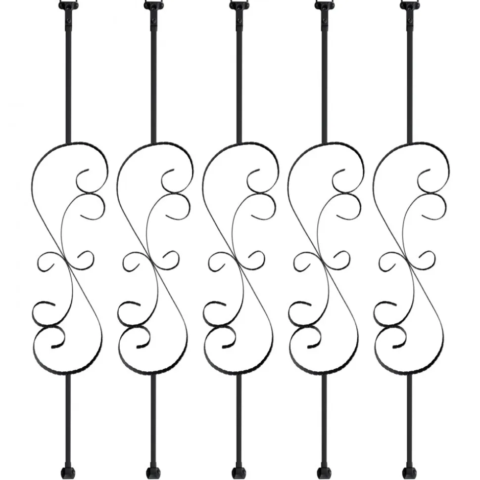 VEVOR Staircase Metal Balusters, 44'' x 1/2" Galvanized Steel Decorative Banister Spindles, 5 Pack S Shape Deck Baluster, Hollow Satin Black Spiral Stair Railing with Shoes & Screws