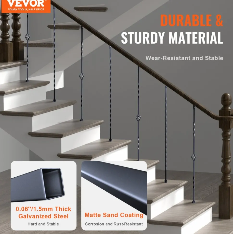 VEVOR Staircase Metal Balusters, 44'' x 1/2" Galvanized Steel Decorative Banister Spindles, 10 Pack Deck Baluster with Hollow Single Baskets, Twists, Spiral Stair Railing w/ Shoes & Screws