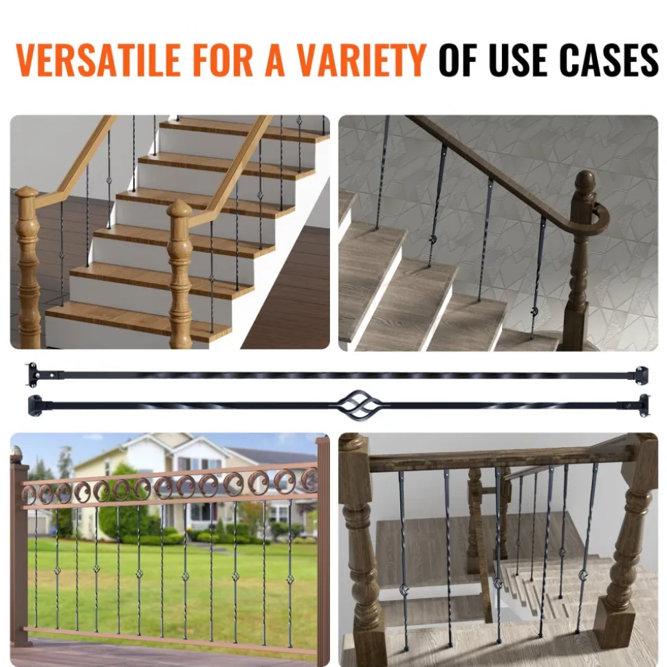 VEVOR Staircase Metal Balusters, 44'' x 1/2" Galvanized Steel Decorative Banister Spindles, 10 Pack Deck Baluster with Hollow Single Baskets, Twists, Spiral Stair Railing w/ Shoes & Screws