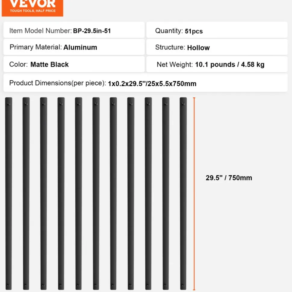 VEVOR Staircase Metal Balusters, 29.5'' x 1'' Flat Aluminum Alloy Decorative Banister Spindles, 51 Pack Deck Baluster with Screws, Classic Hollow Deck Railing Satin Black Powder Coated for Porch