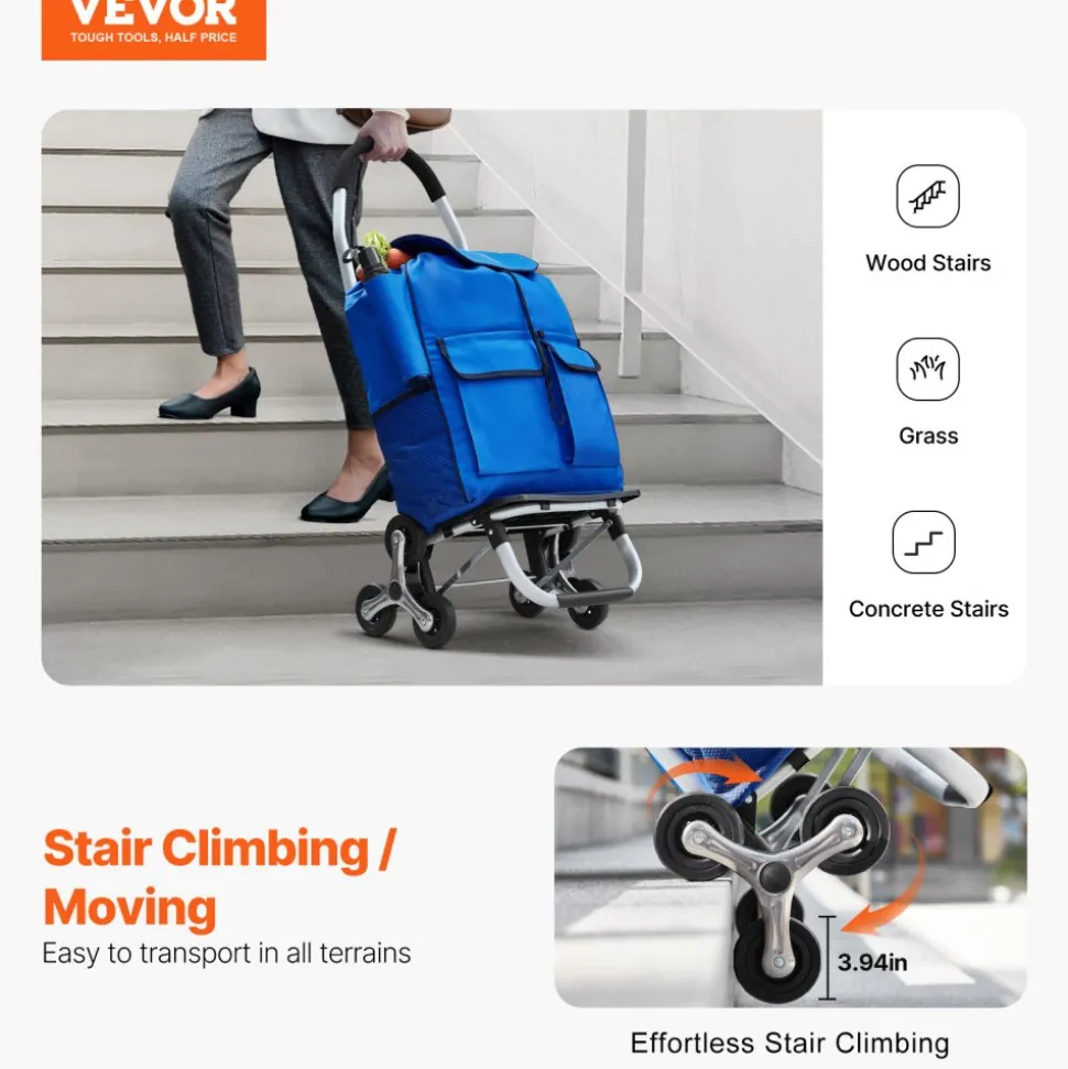 VEVOR Stair Climber Trolley Dolly, 36L Folding Shopping Cart, Grocery Cart Trolley Laundry Stair Climbing Handcart with 6 Wheels & Oxford Cloth Bag, Foldable Cart for Shopping Grocery Laundry, Black