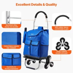 VEVOR Stair Climber Trolley Dolly, 36L Folding Shopping Cart, Grocery Cart Trolley Laundry Stair Climbing Handcart with 6 Wheels & Oxford Cloth Bag, Foldable Cart for Shopping Grocery Laundry, Black