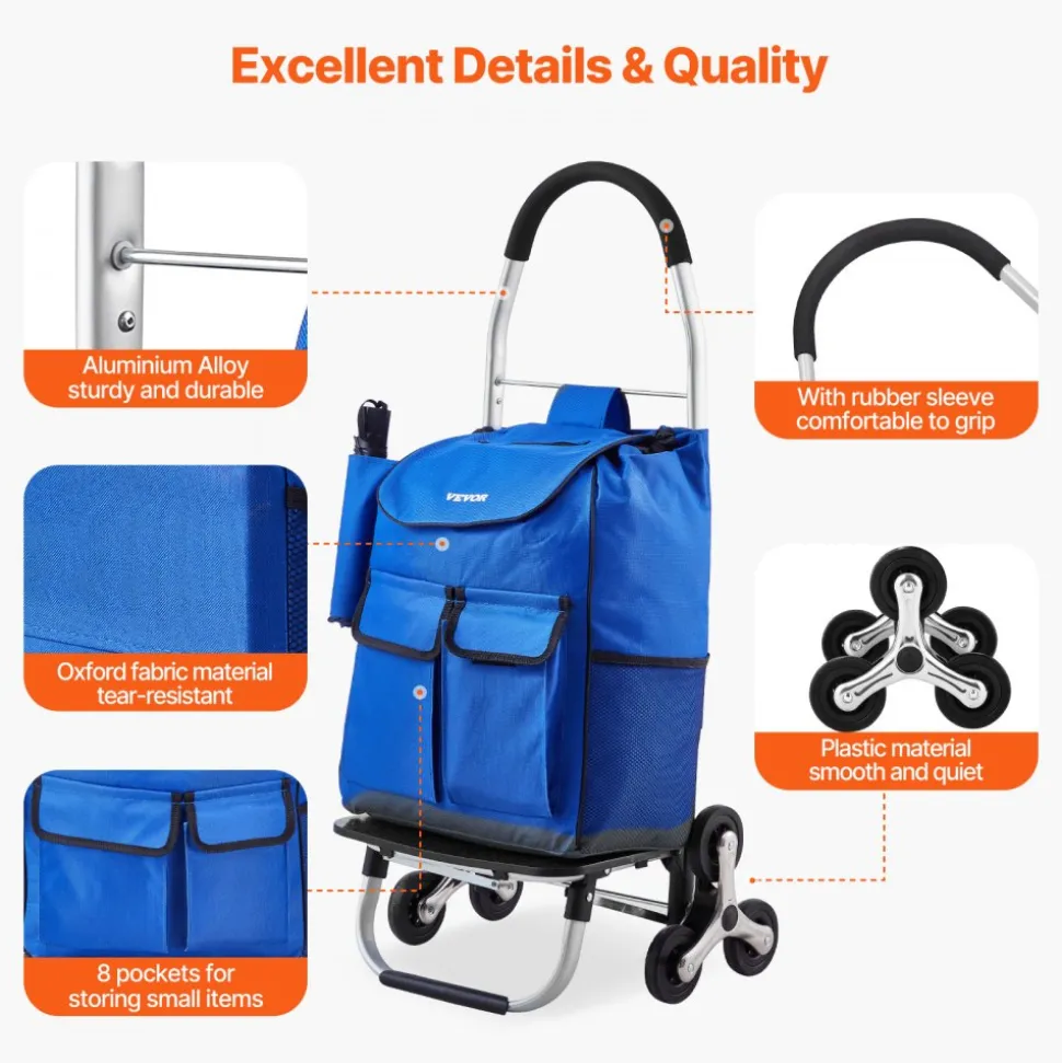 VEVOR Stair Climber Trolley Dolly, 36L Folding Shopping Cart, Grocery Cart Trolley Laundry Stair Climbing Handcart with 6 Wheels & Oxford Cloth Bag, Foldable Cart for Shopping Grocery Laundry, Black
