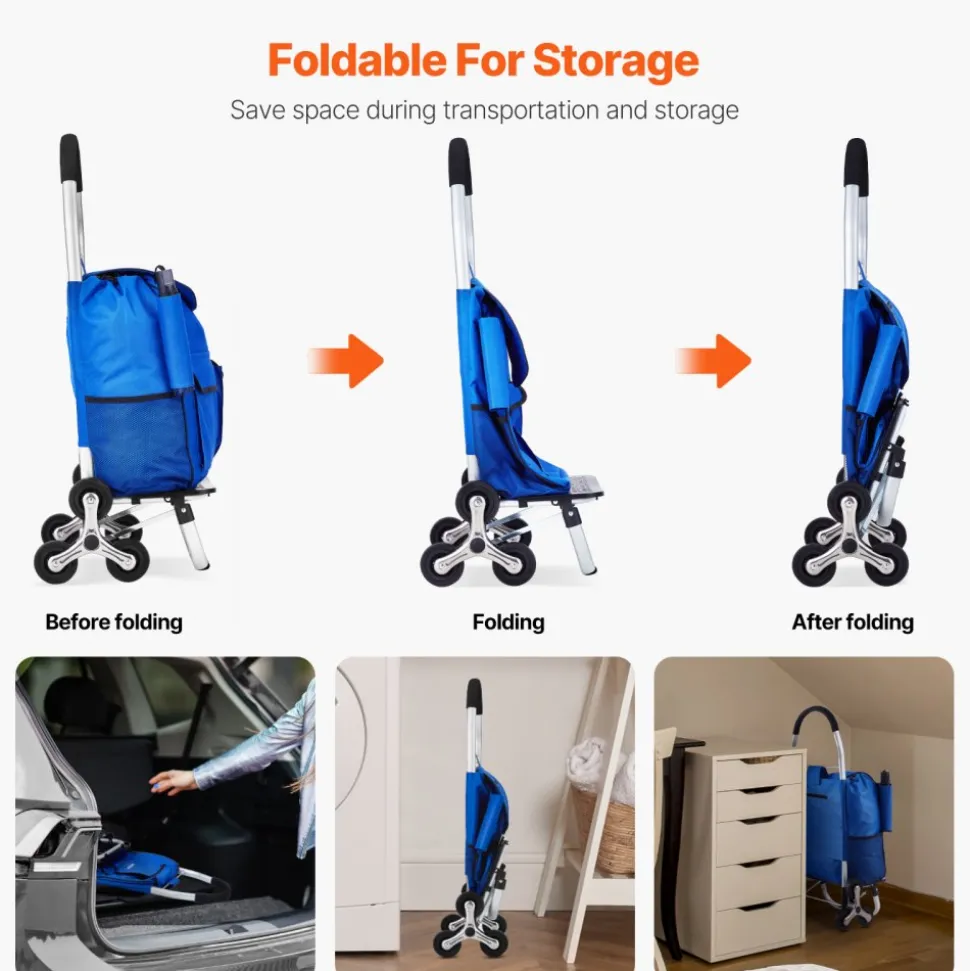VEVOR Stair Climber Trolley Dolly, 36L Folding Shopping Cart, Grocery Cart Trolley Laundry Stair Climbing Handcart with 6 Wheels & Oxford Cloth Bag, Foldable Cart for Shopping Grocery Laundry, Black