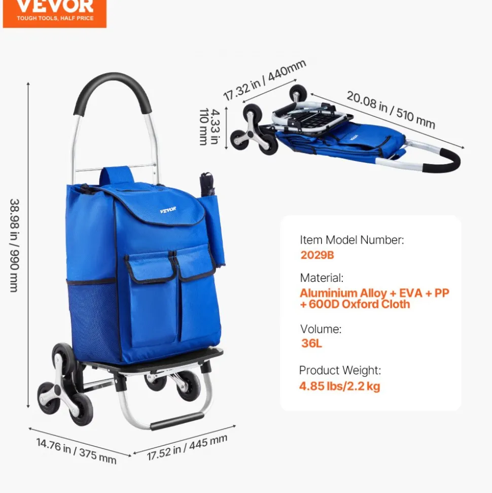 VEVOR Stair Climber Trolley Dolly, 36L Folding Shopping Cart, Grocery Cart Trolley Laundry Stair Climbing Handcart with 6 Wheels & Oxford Cloth Bag, Foldable Cart for Shopping Grocery Laundry, Black