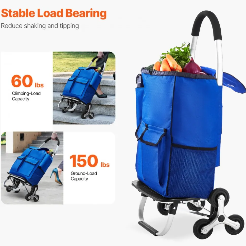 VEVOR Stair Climber Trolley Dolly, 36L Folding Shopping Cart, Grocery Cart Trolley Laundry Stair Climbing Handcart with 6 Wheels & Oxford Cloth Bag, Foldable Cart for Shopping Grocery Laundry, Black