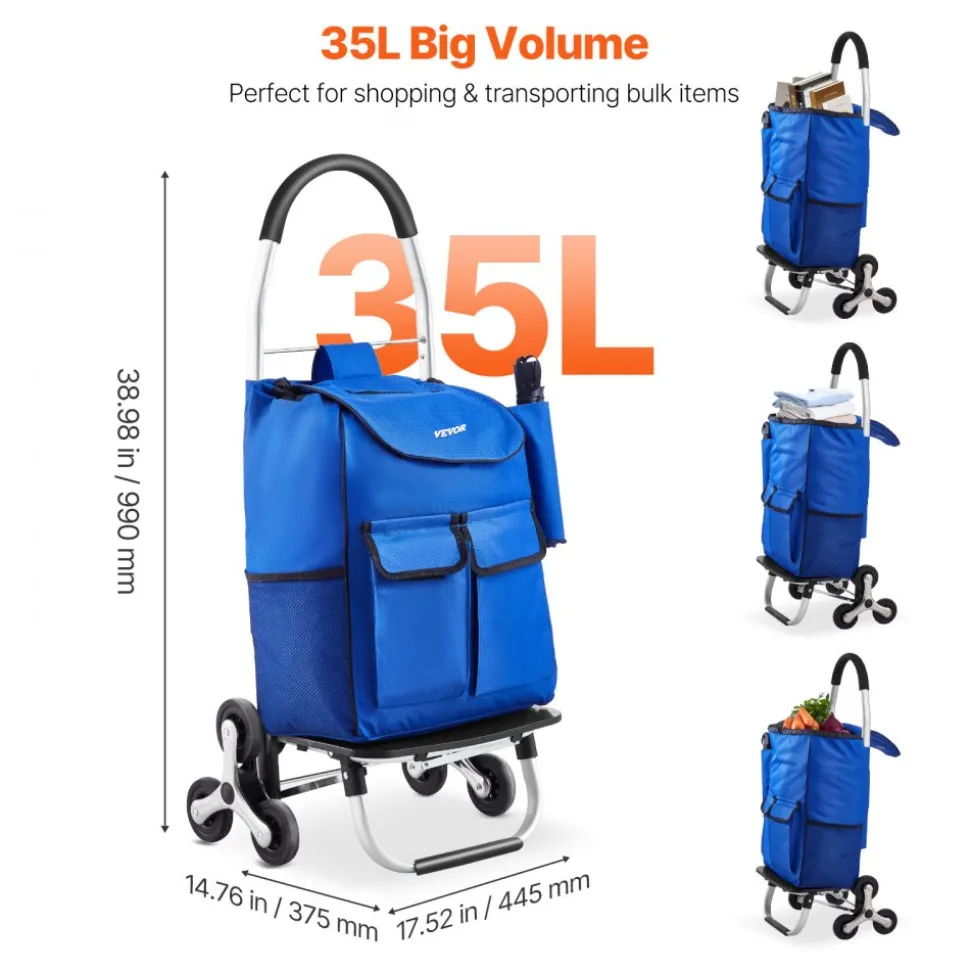 VEVOR Stair Climber Trolley Dolly, 36L Folding Shopping Cart, Grocery Cart Trolley Laundry Stair Climbing Handcart with 6 Wheels & Oxford Cloth Bag, Foldable Cart for Shopping Grocery Laundry, Black